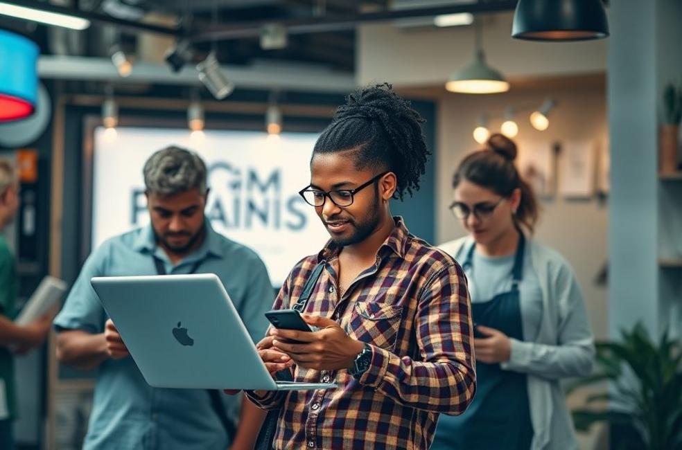 Empreendedores locais interagindo com clientes utilizando estratégias de marketing digital.