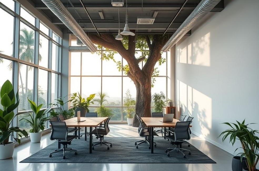 Ambiente de trabalho digital em Caraguatatuba com natureza e tecnologia.