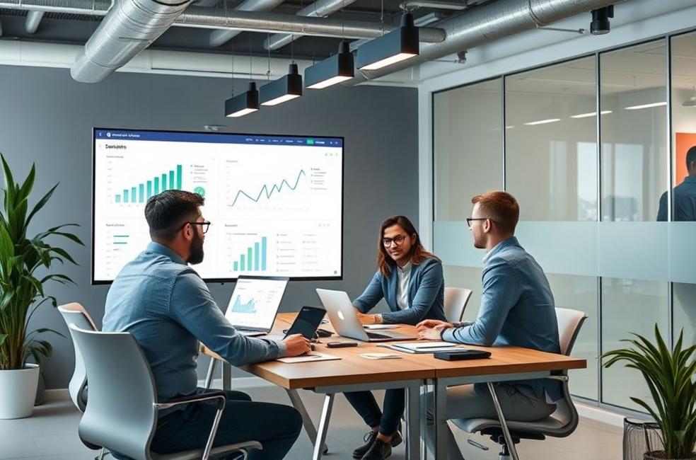 Ambiente de trabalho moderno focado em marketing digital.