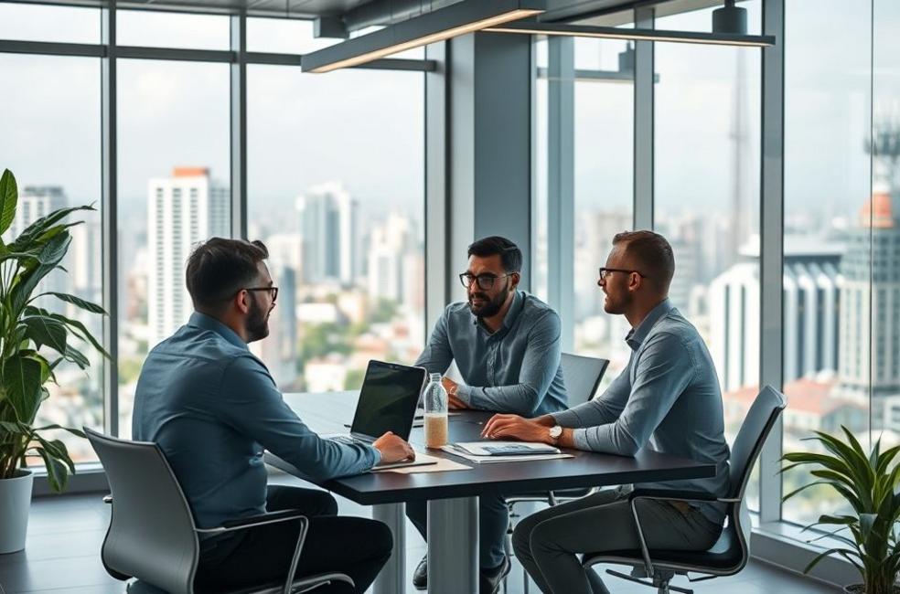 Discussão sobre marketing digital em um escritório moderno em Belo Horizonte.