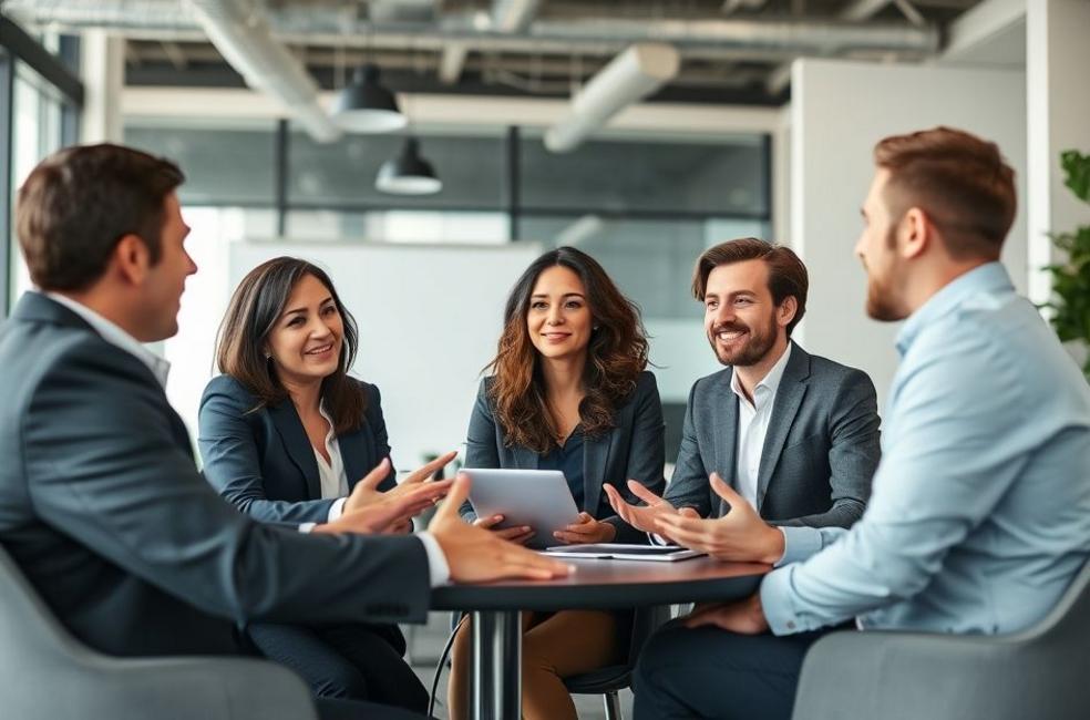 Um grupo de advogados colaborando em ideias de marketing jurídico.