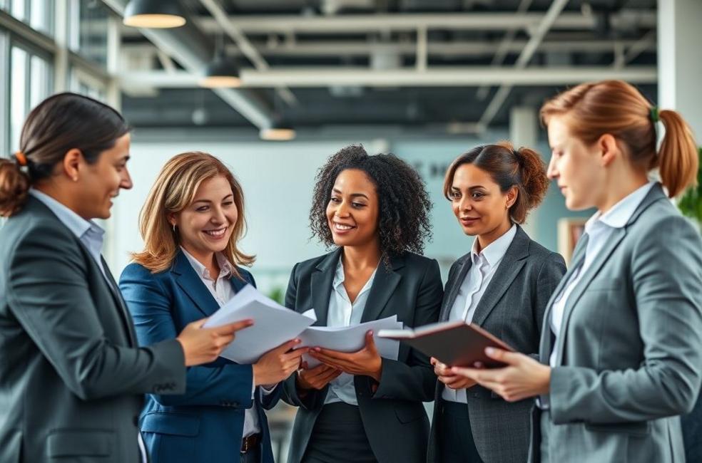 Equipe diversificada de advogados discutindo estratégias de marketing.