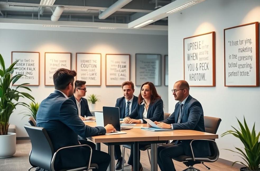 Advogados colaborando em estratégias de marketing.