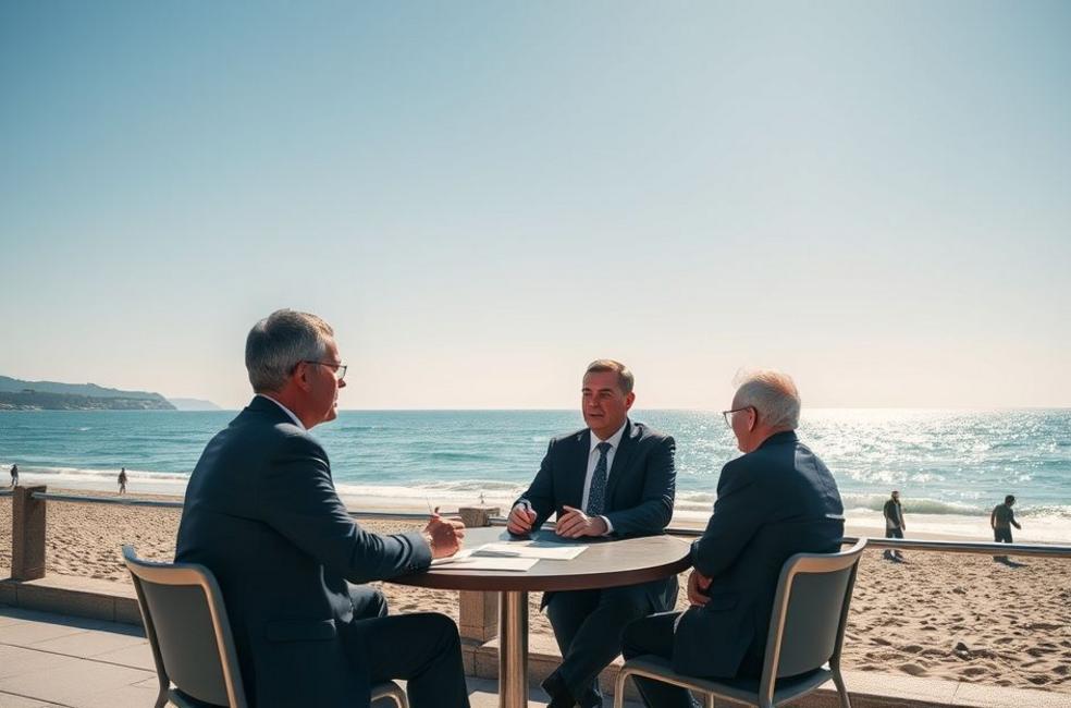 Advogados em São Sebastião conversando sobre marketing jurídico à beira-mar.