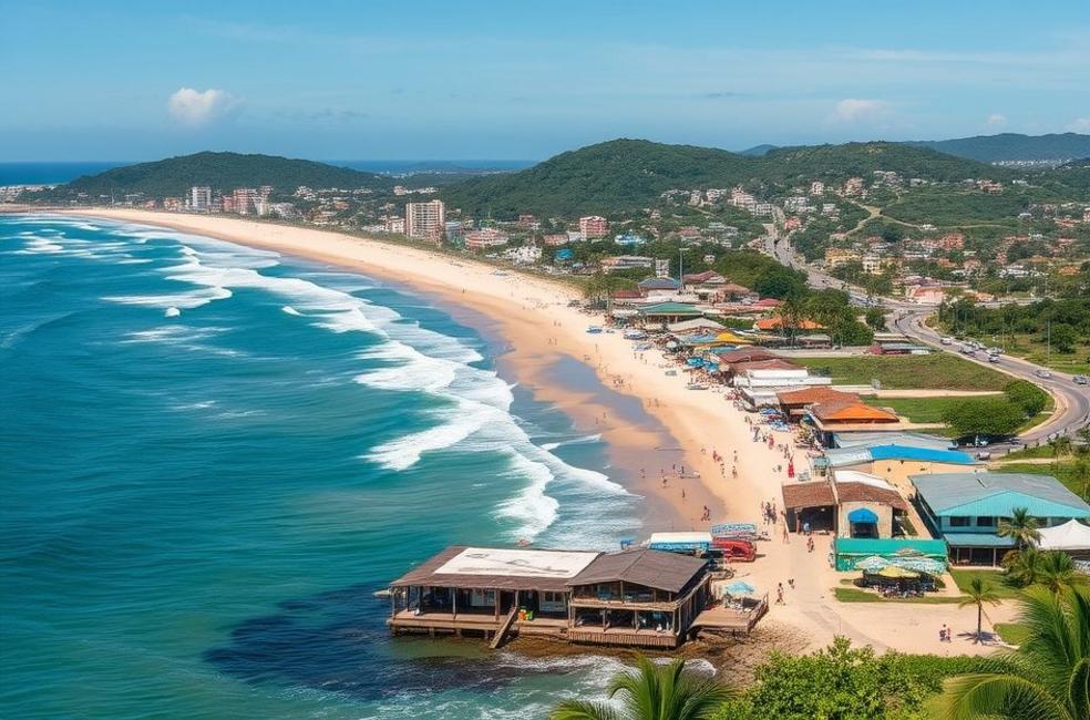 Vista da praia de Caraguatatuba com empresas locais em destaque.