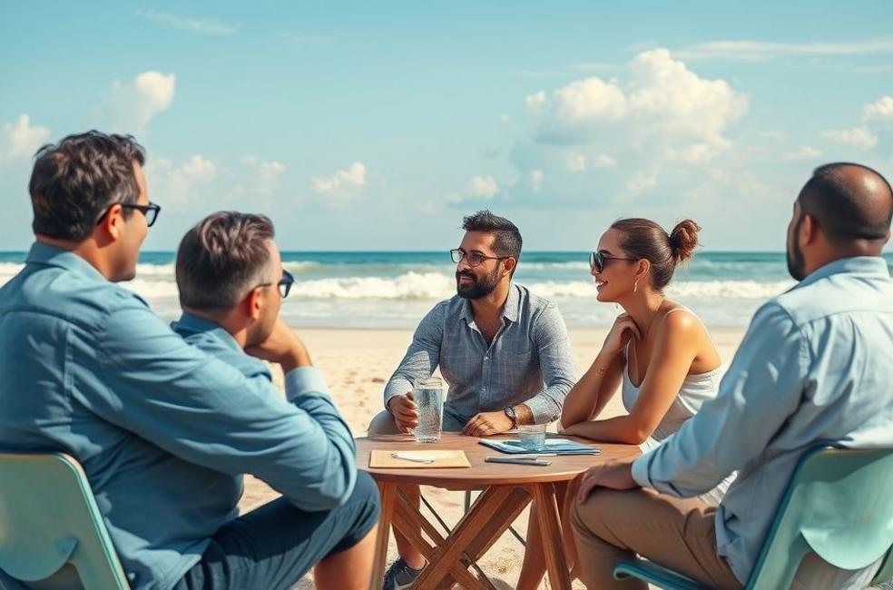 Empreendedores discutindo estratégias de marketing digital à beira da praia em Caraguatatuba.