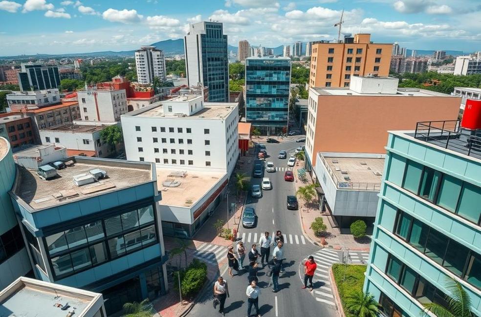 Vista do distrito empresarial de Caxias do Sul com empreendedores colaborando.