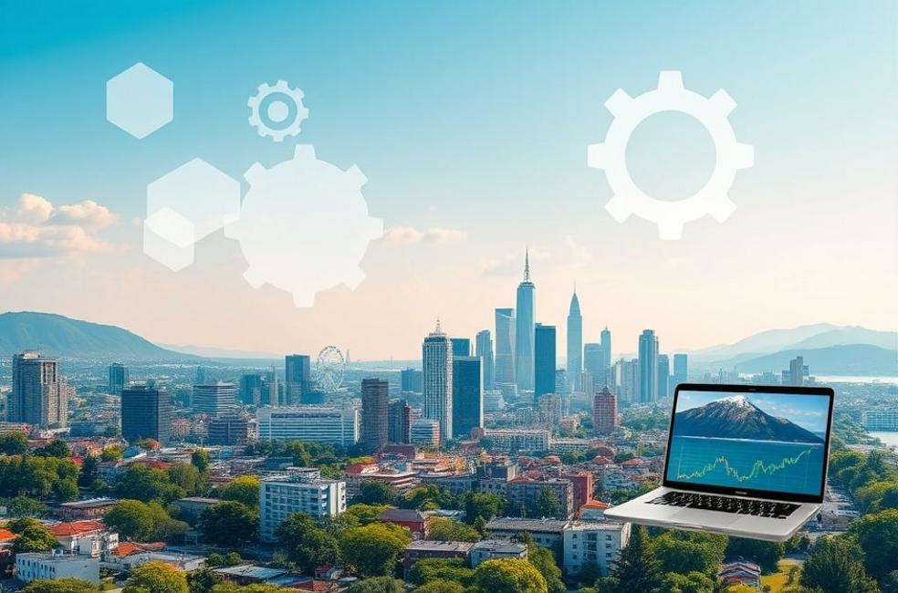 Paisagem urbana de Lages SC com elementos de marketing digital.