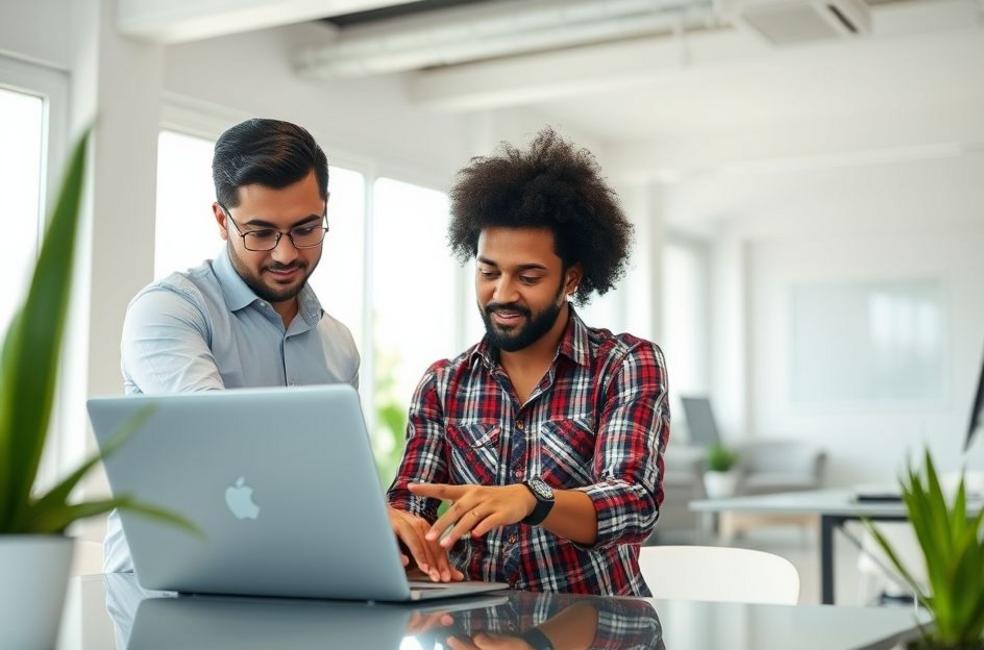 Consultor de marketing digital colaborando com empresários locais em Londrina, discutindo estratégias.