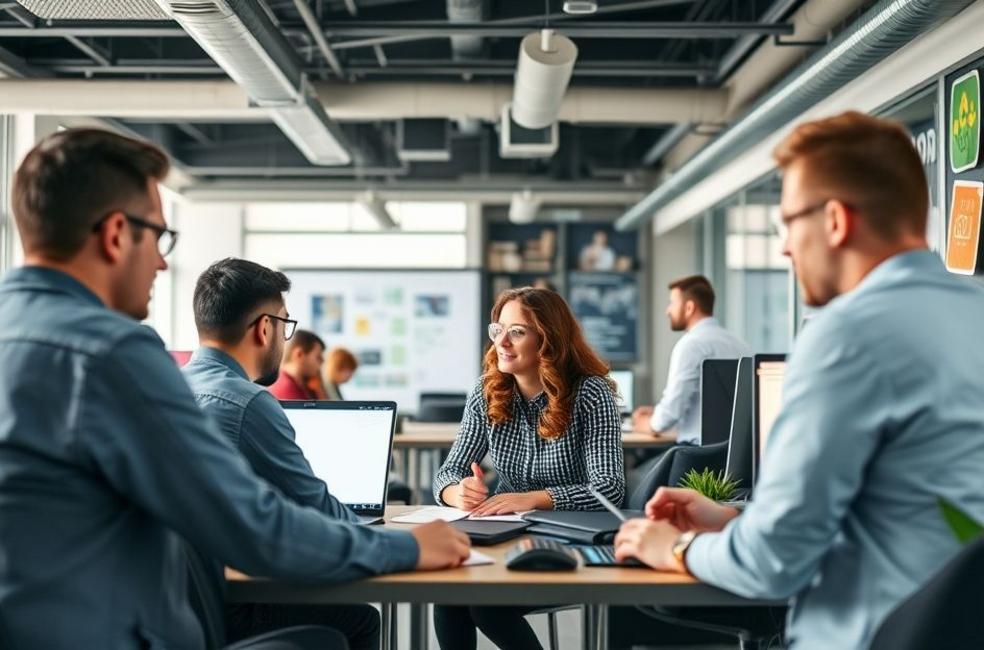 Ambiente de escritório ativo focado em consultoria de marketing digital.