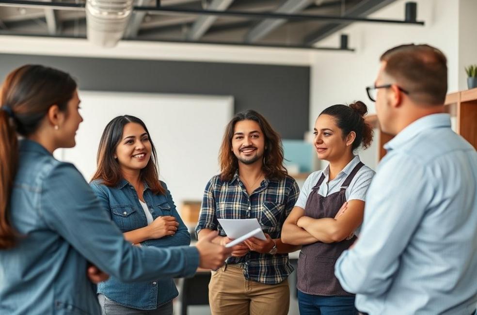 Consultor discutindo estratégias de marketing digital com empresários locais.