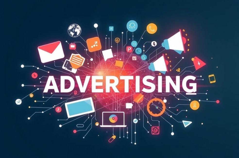 Símbolos de tecnologia e marketing que simbolizam o mundo da publicidade digital.