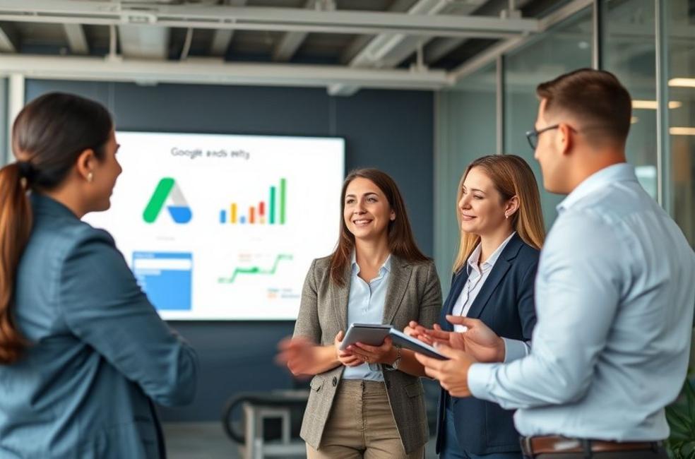 Pessoas discutindo estratégias de Google Ads em um ambiente de negócios.