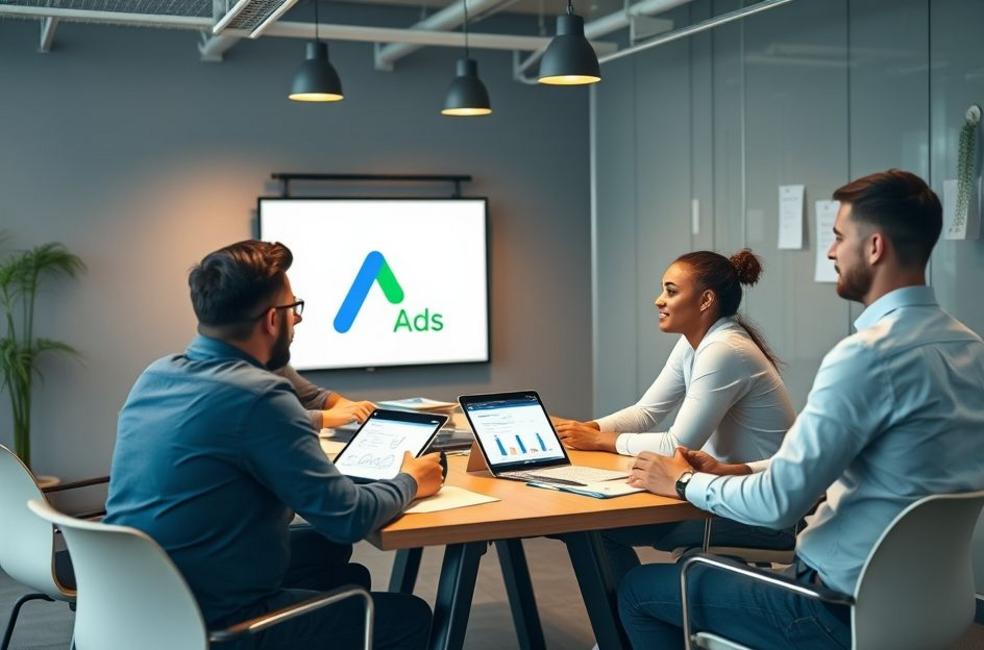 Profissionais de marketing em reunião discutindo estratégias de Google Ads.