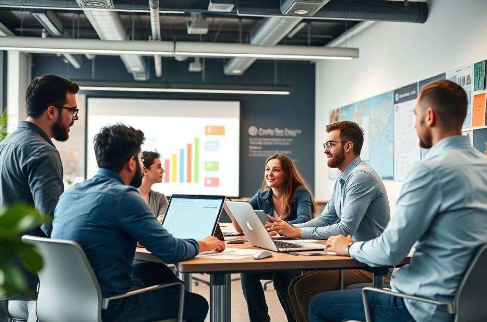 Profissionais de marketing digital colaborando em um escritório em Duque de Caxias.