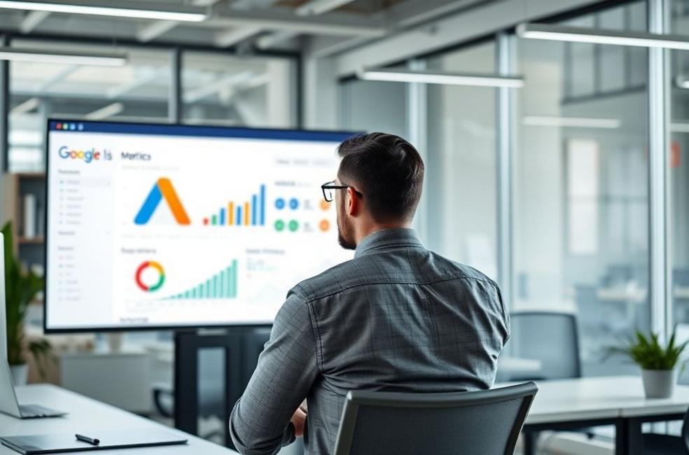 Escritório moderno com marketing digital em funcionamento.