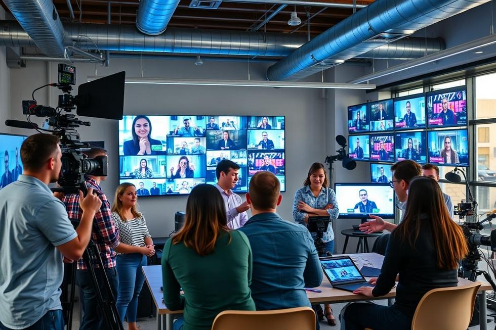 Time de profissionais em um ambiente de escritório moderno planejando estratégias de marketing.