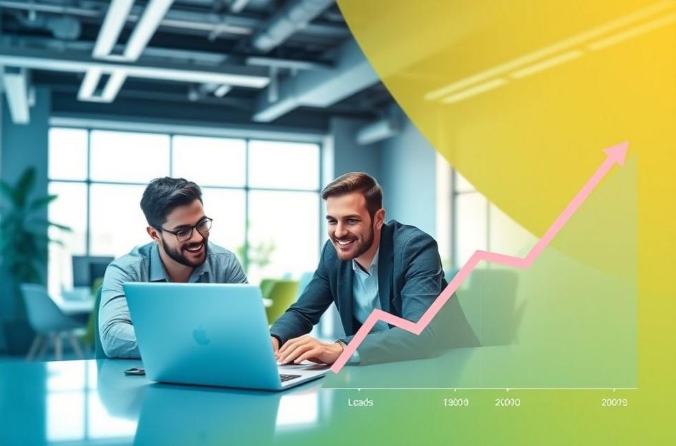 Ambiente de escritório digital com empreendedores discutindo estratégias de marketing.