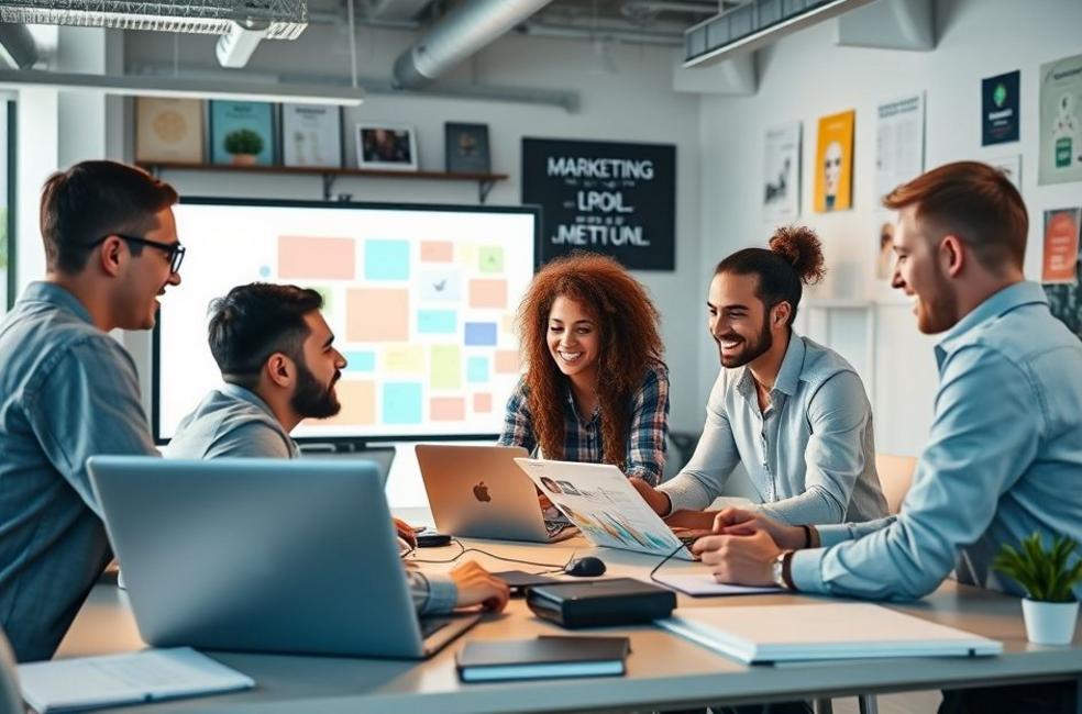 Profissionais trabalhando em estratégias de marketing digital.