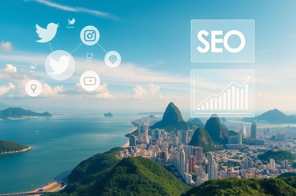 Vista deslumbrante do Rio de Janeiro com elementos digitais inovadores.