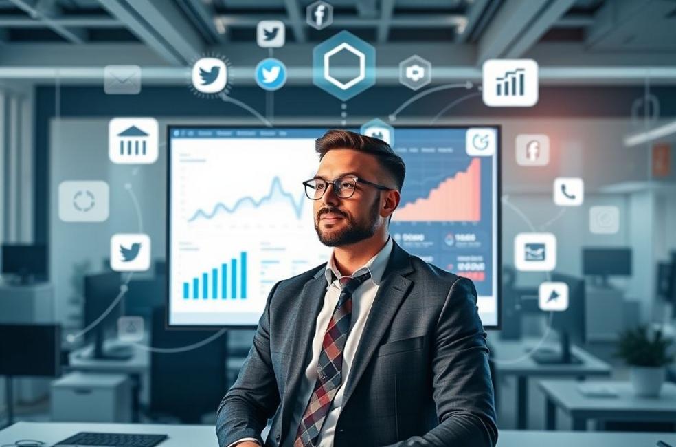 Businessman analyzing digital marketing strategies in an office environment.