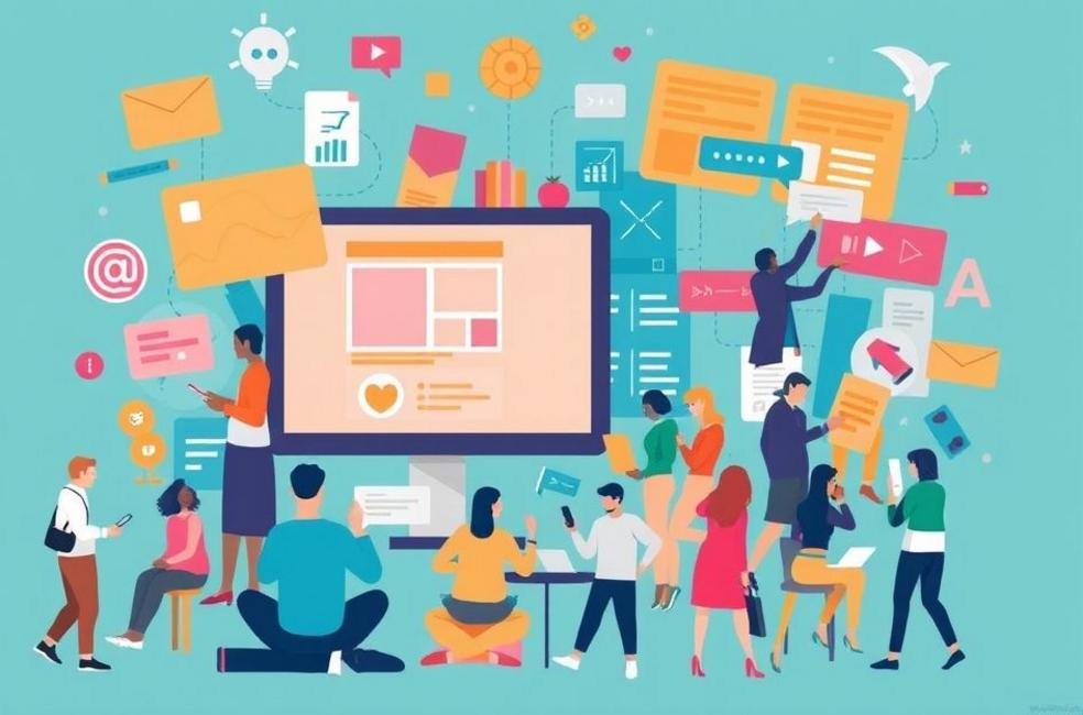 Imagem vibrante representando o marketing digital com pessoas interagindo com anúncios online.