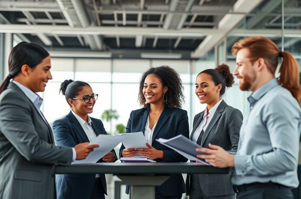 Grupo diversificado de advogados trabalhando juntos em um escritório.