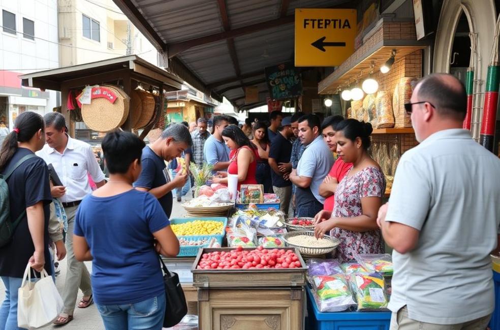 Cena de mercado ativa em Duque de Caxias com proprietários de pequenos negócios.