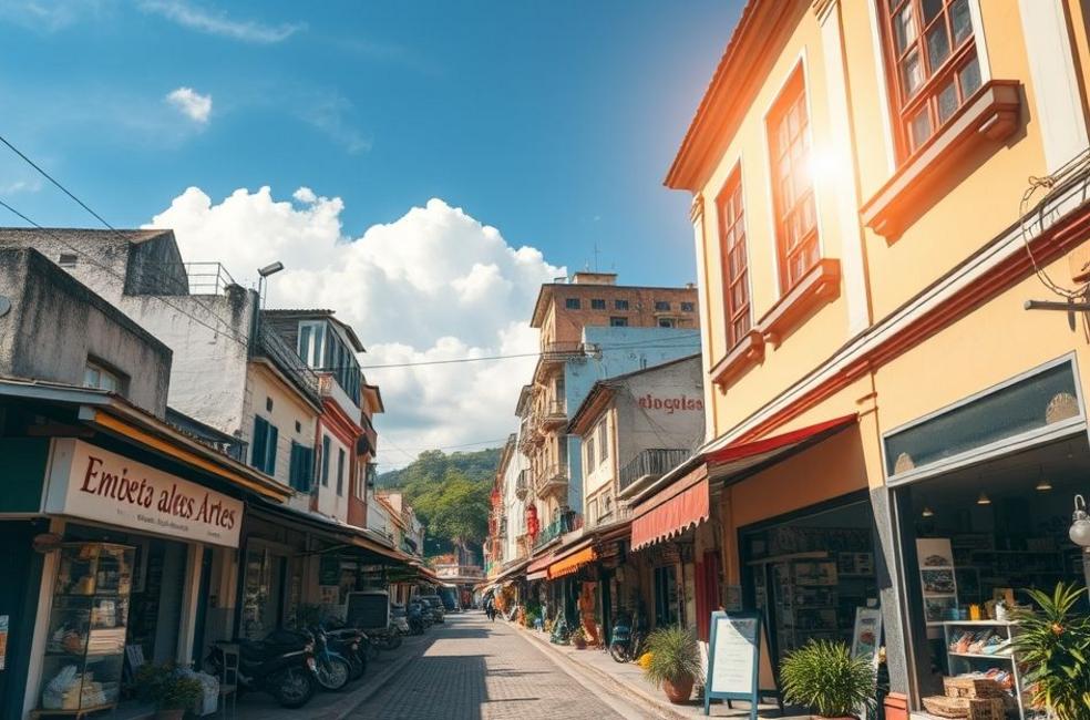 Vista da cidade de Embu das Artes, mostrando comércio local.