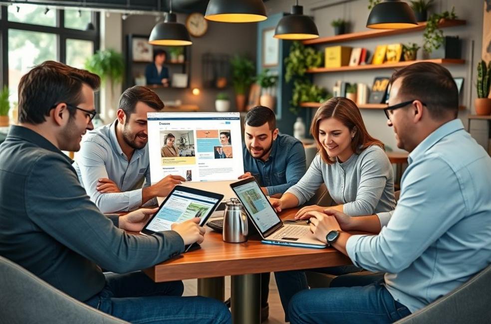 Imagem de empreendedores colaborando em designs de websites