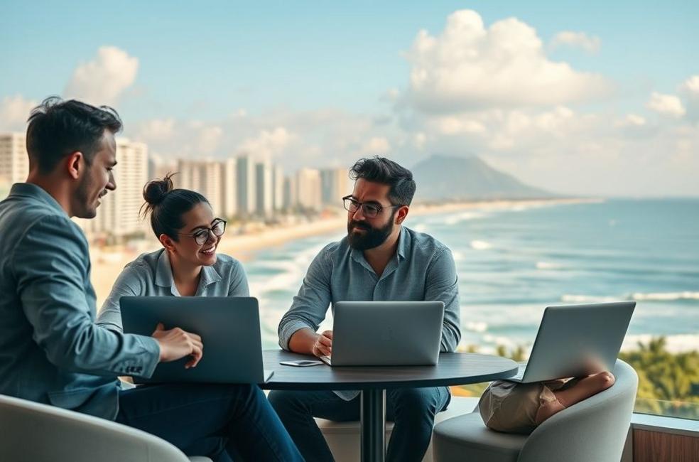 Empreendedores em Praia Grande trabalhando em estratégias digitais.