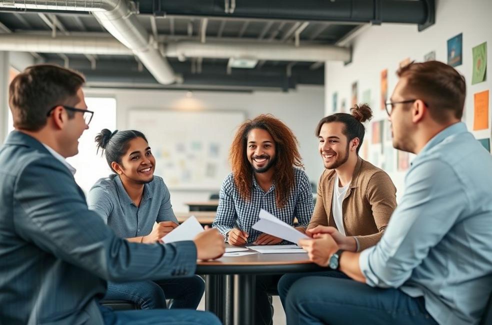 Grupo de empreendedores em São Carlos discutindo estratégias de marketing digital.