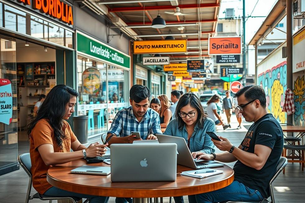 Empreendedores brainstormando sobre marketing digital.