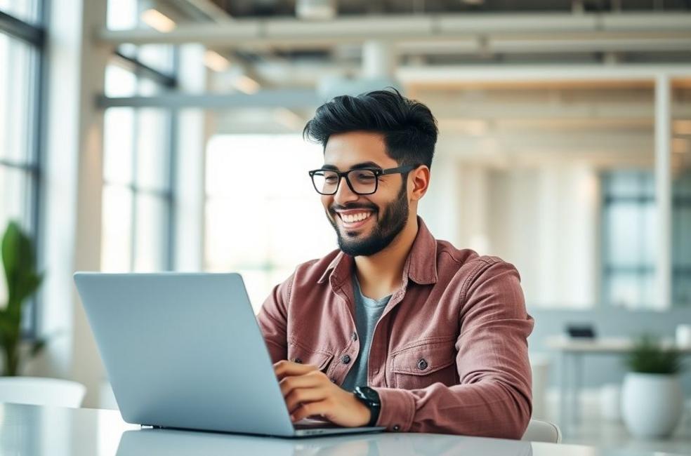 Empreendedor contente analisando o design do site em um laptop.