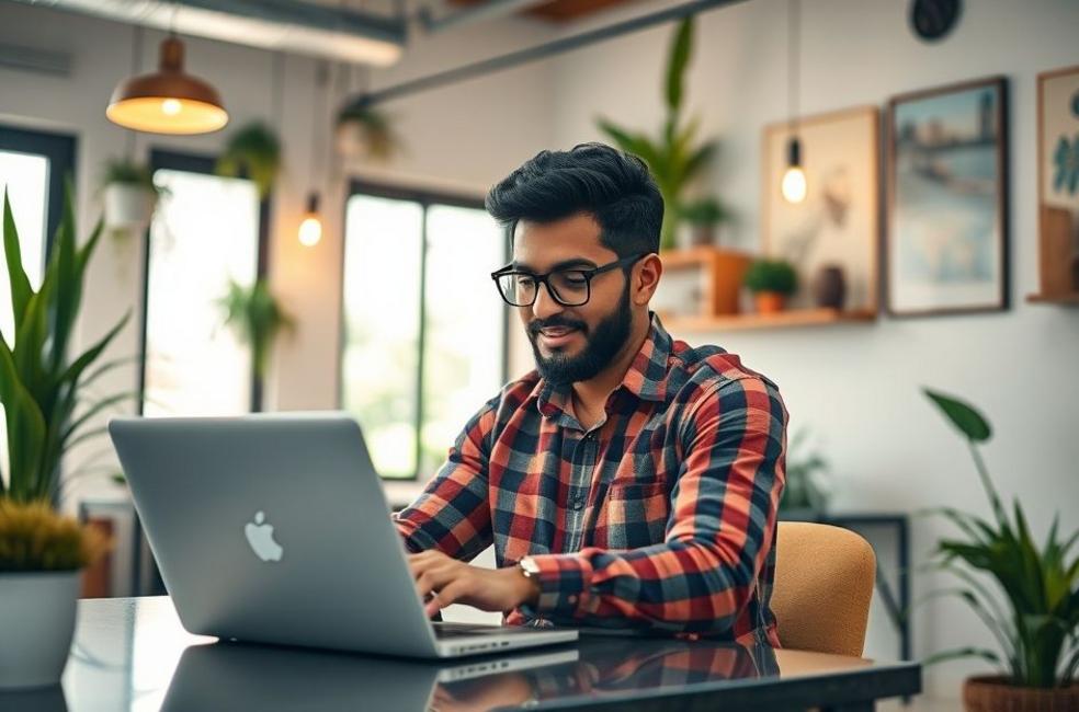 Empreendedor local criando landing pages em um ambiente de escritório.