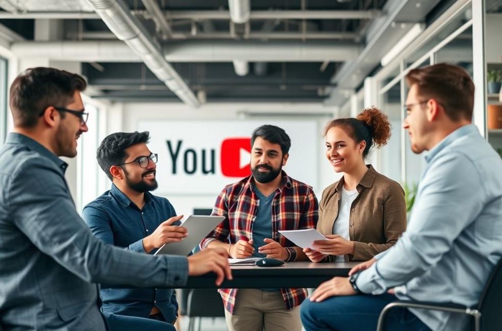 Grupo de empreendedores em um ambiente de trabalho moderno, discutindo estratégias de anúncios no YouTube.