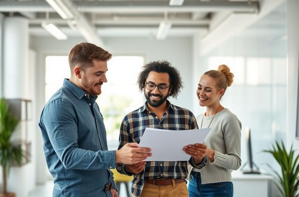 Grupo de empreendedores colaborando em estratégias de marketing em um escritório moderno.