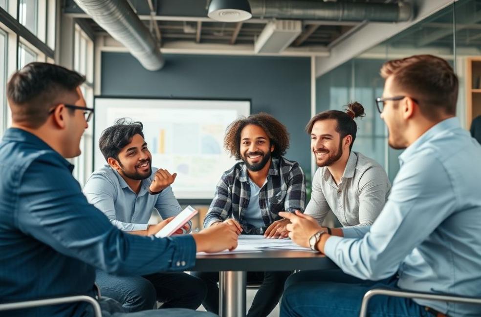 Um grupo de empreendedores em uma reunião, debatendo ideias para seus websites.