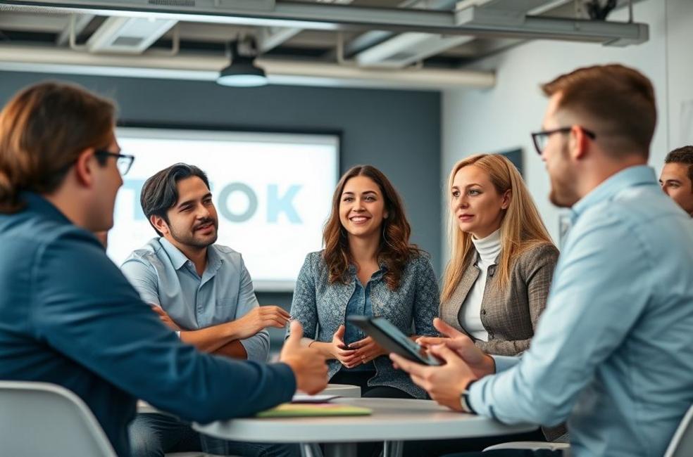 Profissionais discutindo estratégias de TikTok Ads em um workshop.