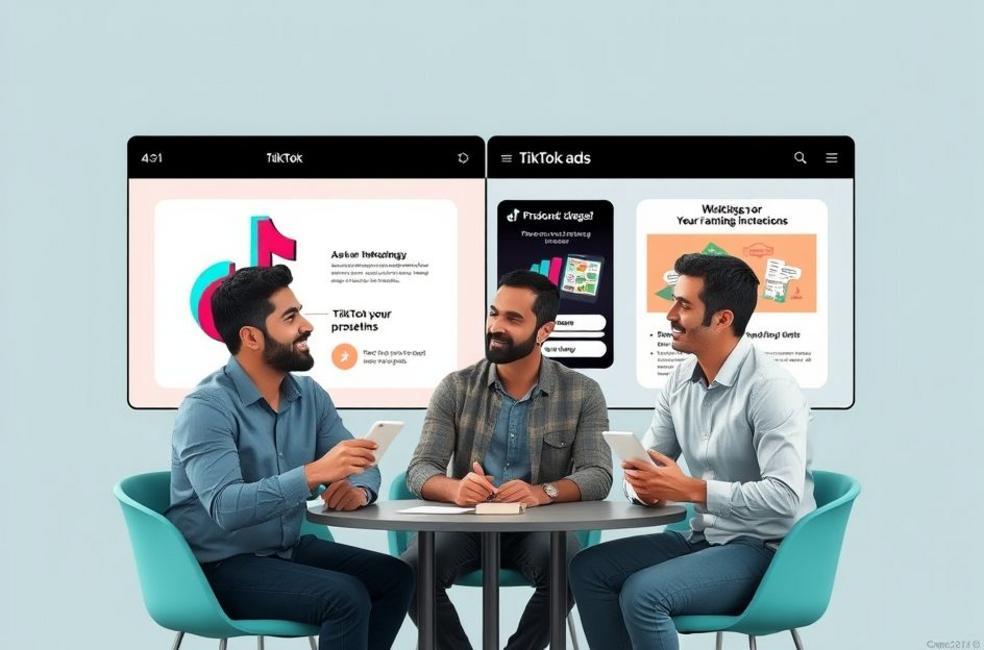 Equipe de empreendedores discutindo marketing digital e Tiktok.
