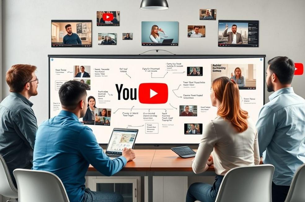 Grupo de profissionais de marketing planejando estratégias para YouTube.