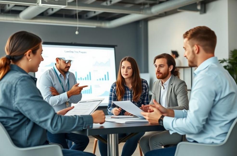 Empreendedores discutindo estratégias paraLanding Pages.