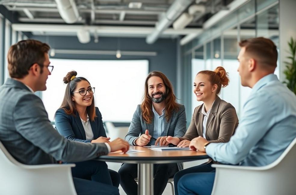 Reunião de equipe de marketing em um escritório moderno.