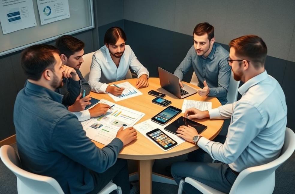 Equipe reunida elaborando estratégias de SEO.