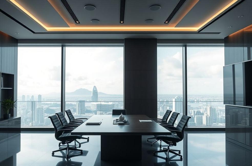 Escritório de advocacia moderno com vista para o Rio de Janeiro.