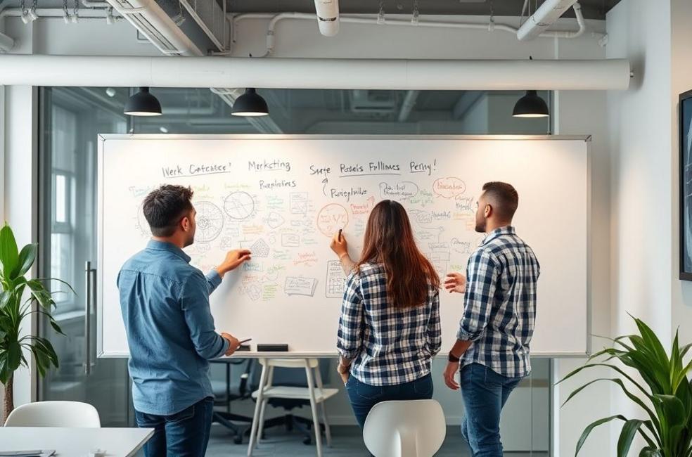 Profissionais de marketing em um escritório discutindo estratégias