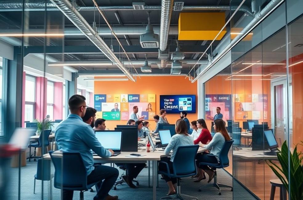 Espaço de trabalho moderno em uma consultoria de marketing digital.