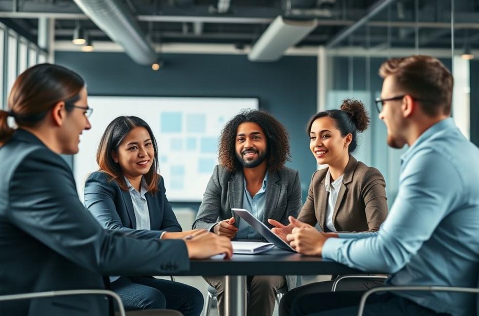 Grupo diverso de profissionais discutindo sobre marketing digital.