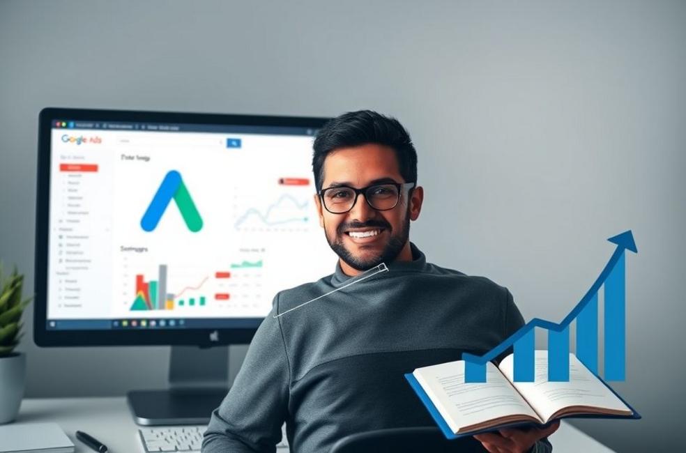 Profissional analisando campanhas do Google Ads em um computador.