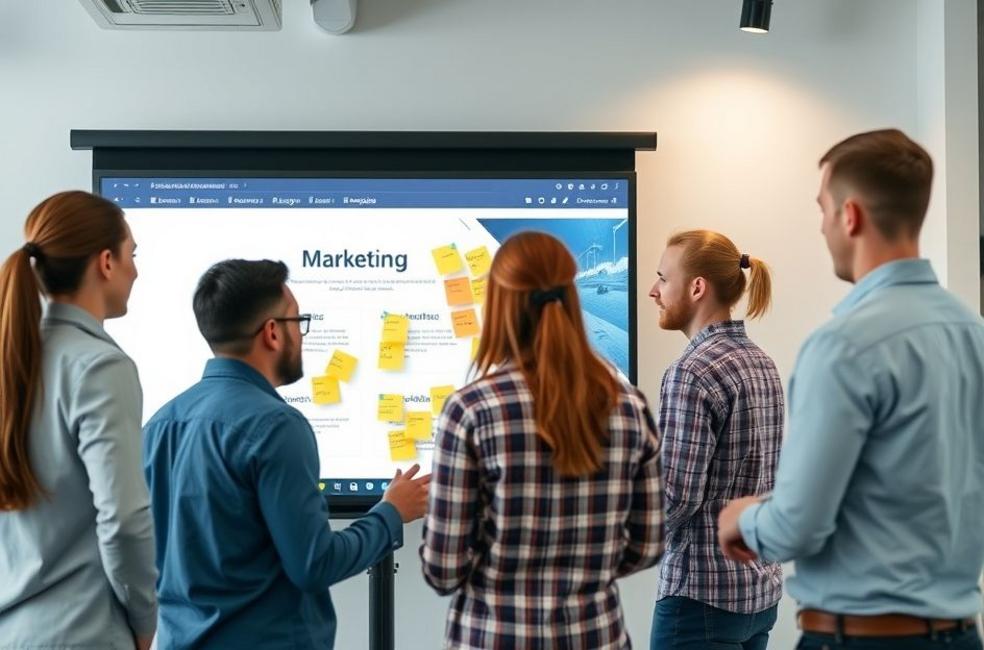 Equipe de marketing reunida discutindo sobre páginas de captura.